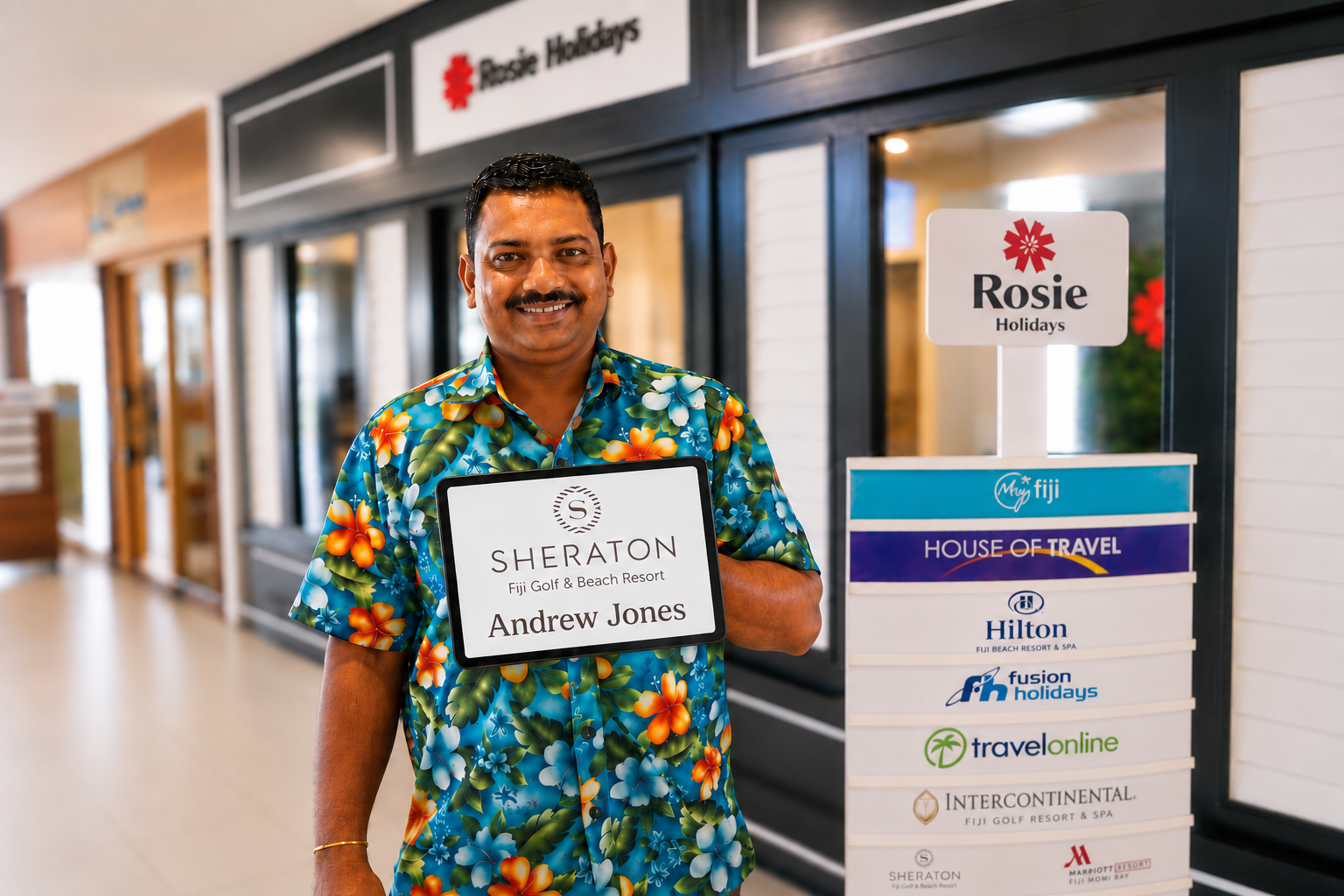 Rosie Holidays driver concierge with InterContinental welcome sign at Nadi Airport