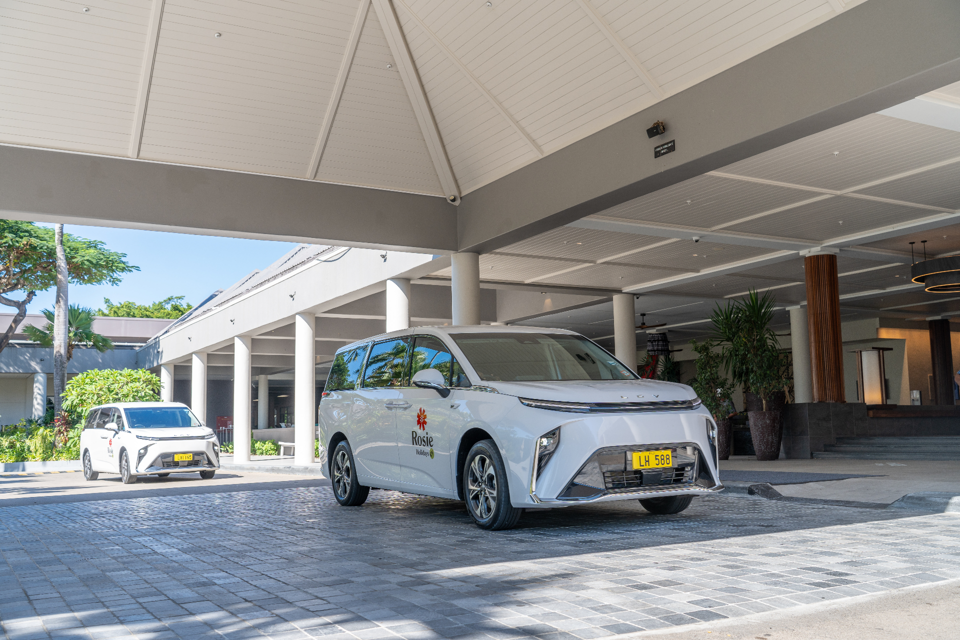 White electric van at InterContinental Fiji resort entrance