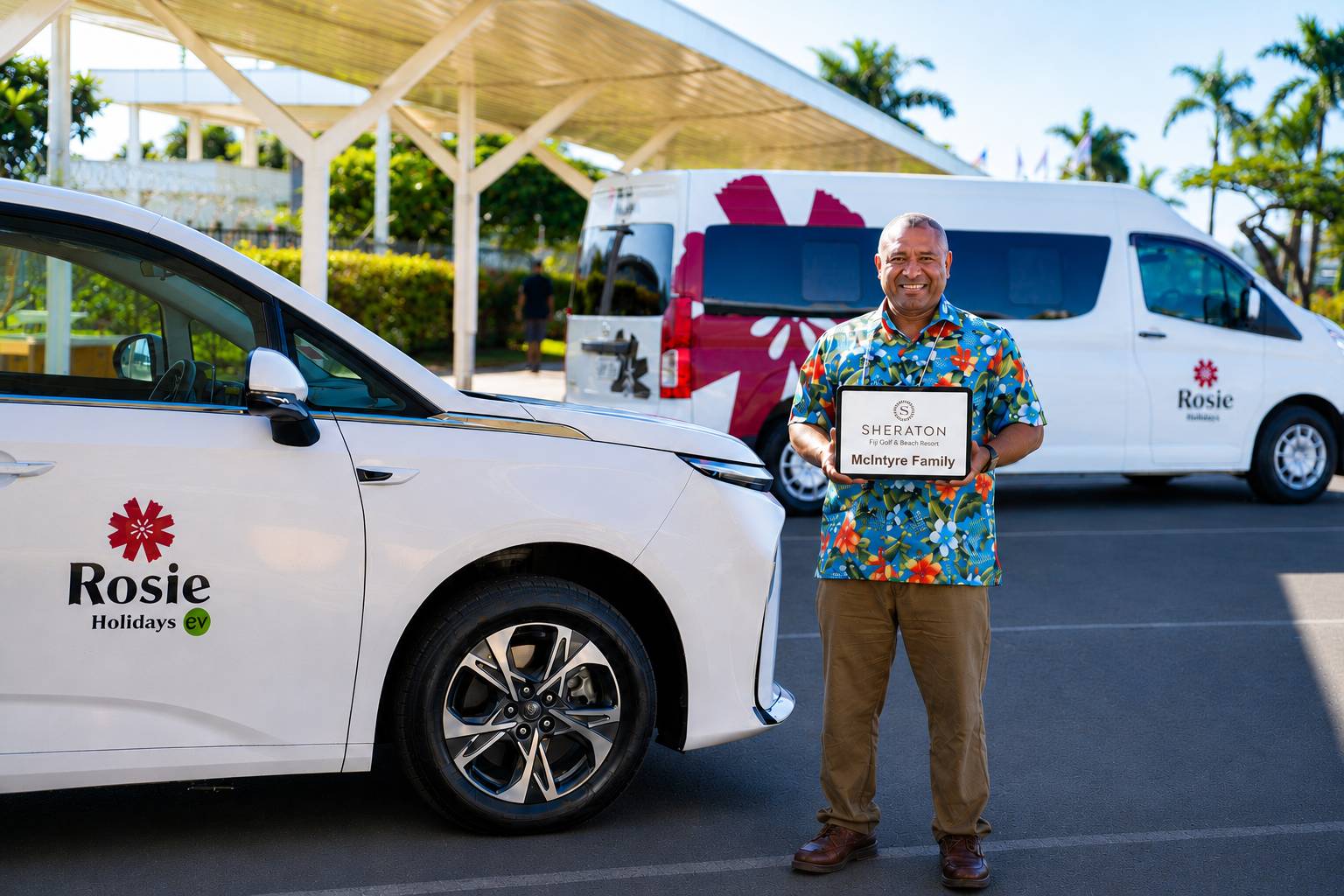 Rosie Holidays driver with InterContinental meet & greet sign at Nadi Airport